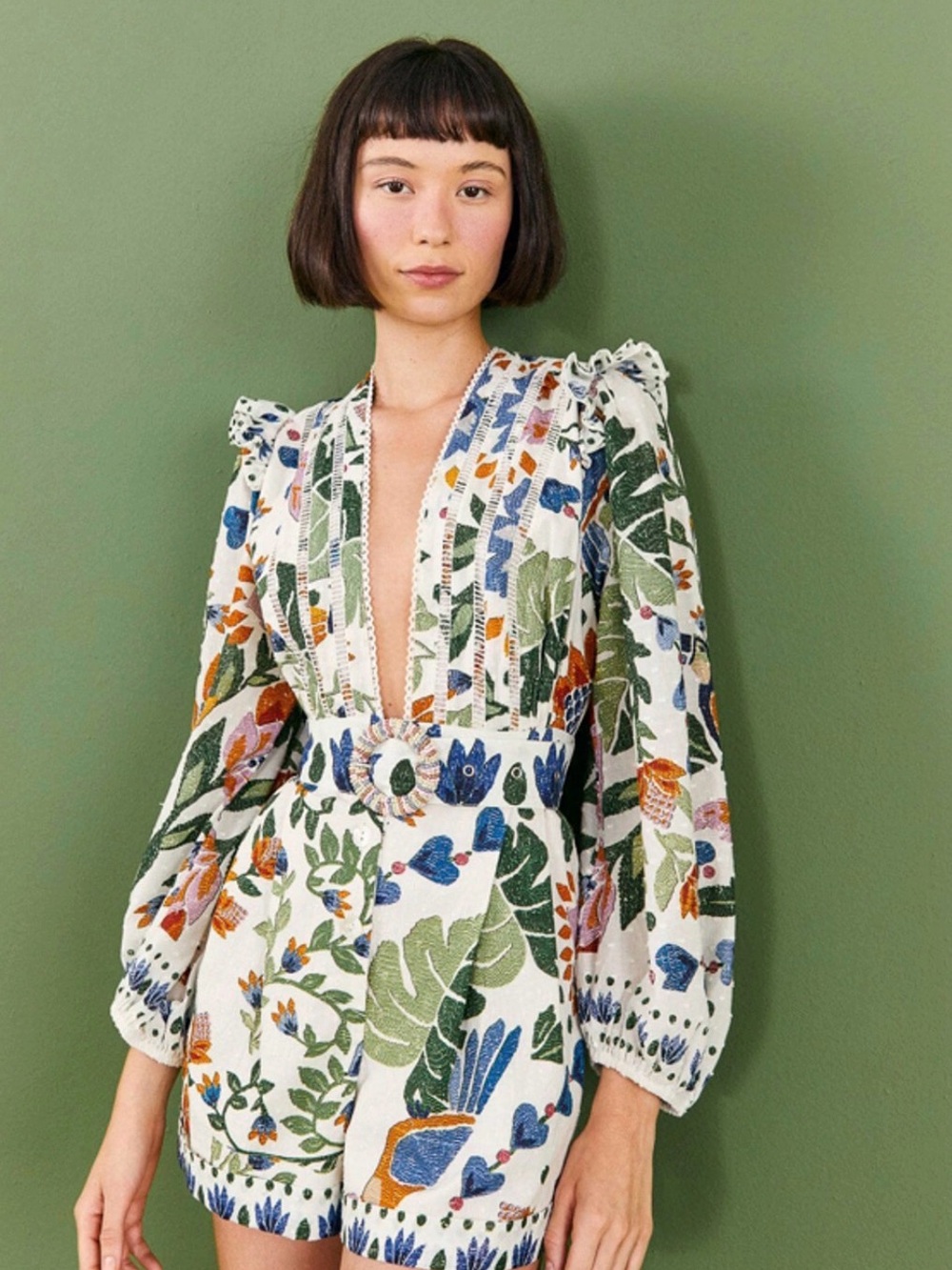 FARM Rio White Multicolor Floral V-Neck Belted Romper - Picture 3 of 4